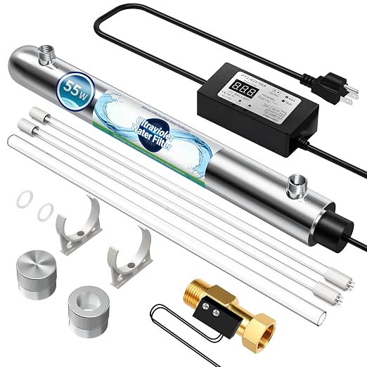Whole House UV Water Filter System 55W 120V, 12GPM High Flow Whole Home Water Purifier with 3/4” MNPT Ports Equipped with Intelligent Water Flow Switch +1 Extra Bulb
