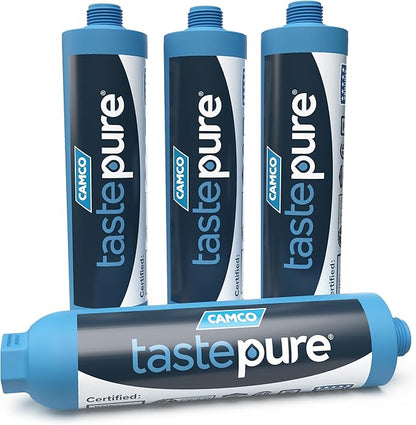 Camco Tastepure Camper/RV Water Filter - Inline Water Filter Reduces Bad Taste, Odor, Chlorine & Sediment - Ideal for RVs, Campers, Travel Trailers, Boats - Made in the USA - 4-Pack (40042)