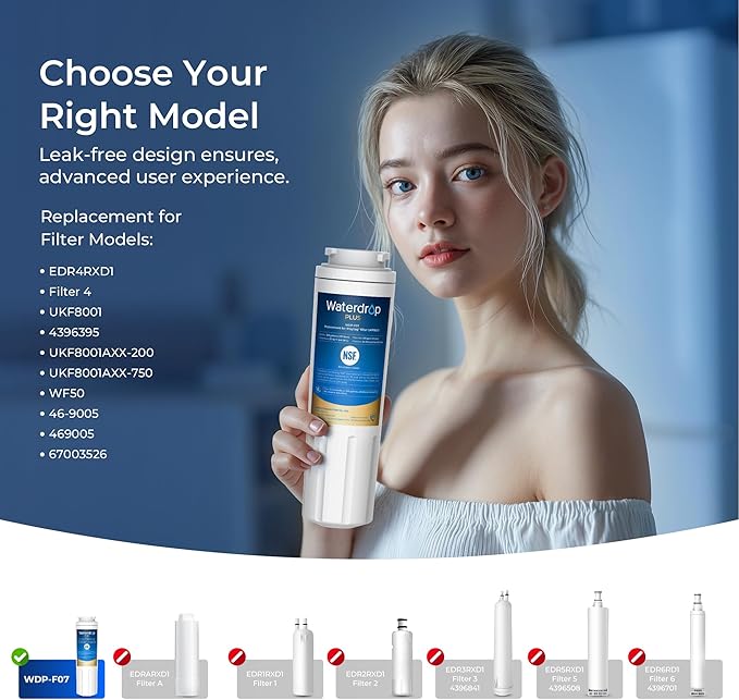 Waterdrop Plus UKF8001 NSF 401,53 Certified Refrigerator Water Filter, 𝐑𝐞𝐝𝐮𝐜𝐞 𝐏𝐅𝐀𝐒, Replacement for Whirlpool® Everydrop® Filter 4, EDR4RXD1, Maytag® UKF8001AXX, 4 Filters