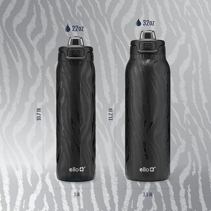 Ello Pop & Fill 22oz Stainless Steel Water Bottle with QuickFill Technology, Double Walled and Vacuum Insulated, Leak Proof Locking Lid, Straw and Chug, Fits Cupholder, Reusable BPA Free, Black Zebra
