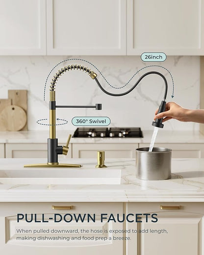 FORIOUS Kitchen Faucet with Pull Down Sprayer, Stainless Steel Commercial Single Handle Classic Spring Pull Out Sink Faucet for Pot Filler, Farmhouse Camper Bar Laundry Room, Black Gold