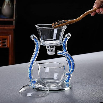 RORA Glass Teapot Set Semi Automatic Drip Rotating with Infuser Lazy Kungfu Tea pot Set (Blue)