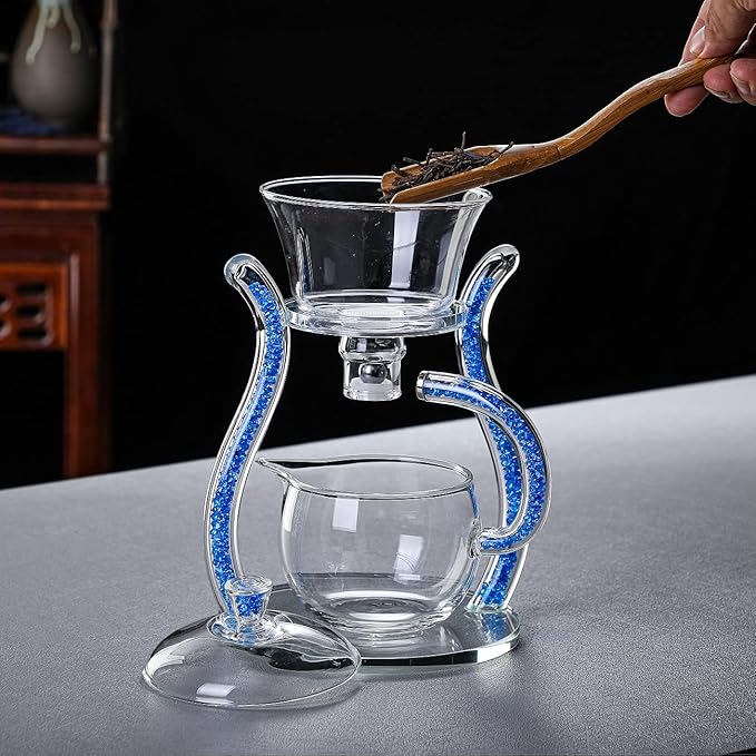 RORA Lazy Kungfu Glass Tea Set Semi Automatic Drip Rotating with Infuser Glass Teapot Set (6 cups)