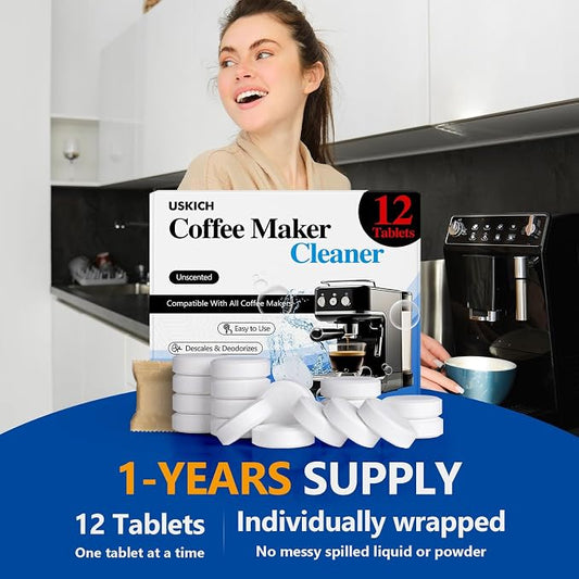 Coffee Machine Cleaner Descaler Tablets 12 Pack, Coffee Maker Cleaner for Keurig, Ninja, Breville, Delonghi, Nespresso, Miele,Espresso Machine Cleaning Tabs,Descaling Solution for Coffee Pot Maker