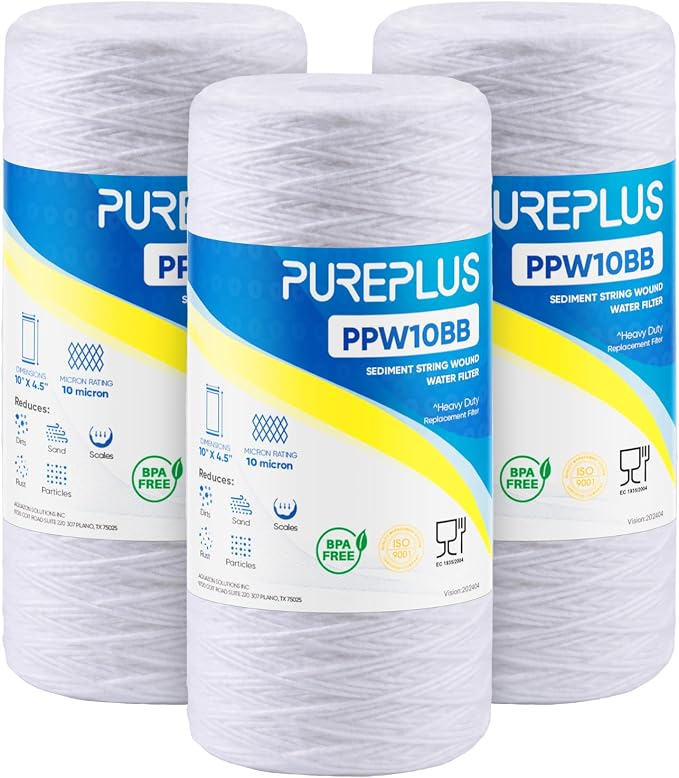 PUREPLUS 10 Micron 10 x 4.5 Whole House String Wound Sediment Filter for Well Water, Replacement Cartridge for 84637, WPX5BB97P, PC10, CW5-BBS, 355215-45, 3Pack