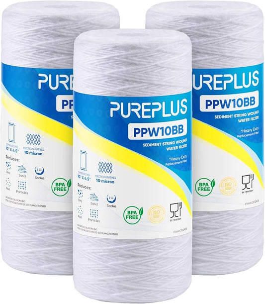 PUREPLUS 10 Micron 10 x 4.5 Whole House String Wound Sediment Filter for Well Water, Replacement Cartridge for 84637, WPX5BB97P, PC10, CW5-BBS, 355215-45, 3Pack