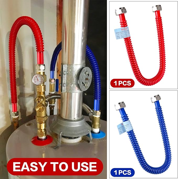 2Pack, Upgrade Hot & Cold Water Heater Hose 3/4" FIP x 3/4"FIP x 24" Length, Flexible Stainless Steel Corrugated Water Line Connector- Red & Blue