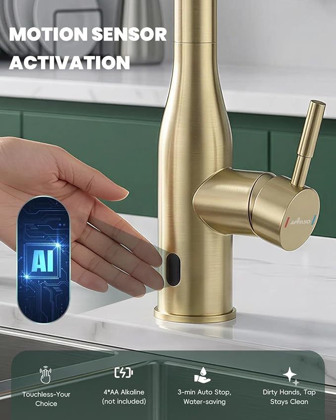 APPASO Gold Touchless Kitchen Sink Faucet with Soap Dispenser and Sprayer | S304 Stainless Steel cUPC-Certified Lead-Free Hoses Hands-Free on/off Sensor 3 WaterModes Fits 1-4 Hole Sinks with Deck Plate