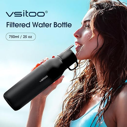 VSITOO 25oz Insulated Stainless Steel Filtered Water Bottle for Travel and Everyday Use，5-Stage 0.01μm Ultra-strong Filtration，Reusable，Improves Taste，for Hiking, Cycling, Gym & Outdoor Use，Black