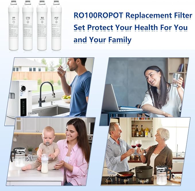 ROPOT 4-Pack Replacement Filters Compatible with Bluevua RO100ROPOT RO100ROPOT-UV RO System (1 PP, 1 CTO, 1 RO, 1 PCF)