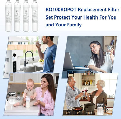 ROPOT 4-Pack Replacement Filters Compatible with Bluevua RO100ROPOT RO100ROPOT-UV RO System (1 PP, 1 CTO, 1 RO, 1 PCF)