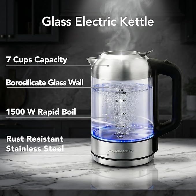 OVENTE Electric Kettle, 1.8L Glass Tea Kettle & Stainless Steel BPA-Free Cordless Electric Kettle, 1500W Fast Boil Electric Pot with Easy-Fill Lid, Auto Shut-Off & Boil Dry Protection, Silver KG751S