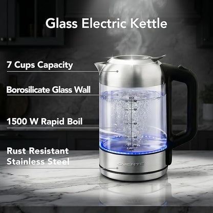 OVENTE Electric Kettle, 1.8L Glass Tea Kettle & Stainless Steel BPA-Free Cordless Electric Kettle, 1500W Fast Boil Electric Pot with Easy-Fill Lid, Auto Shut-Off & Boil Dry Protection, Silver KG751S