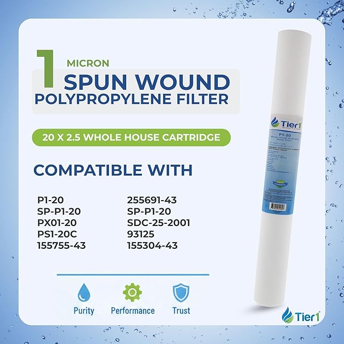 Tier1 1 Micron 20 x 2.5 Whole House Water Filter | Spun Wound Polypropylene Sediment Depth Filtration | Replacement for Pentek P1-20, SP-P1-20, PX01-20 | 2.5 x 20 Water Filter Cartridge (3 Pack)