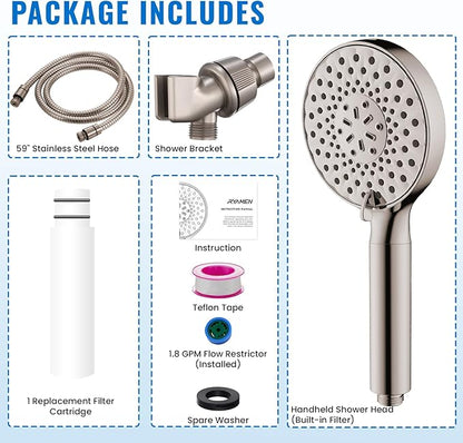 Ryamen Filtered Shower Head with Handheld, High Pressure 9-Spray Modes Detachable Shower Head with Filter for Hard Water-Remove Chlorine & Impurities, 2 Filters, Brushed Nickel