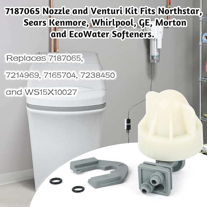 Water Softener Nozzle and Venturi Assembly 7187065 Replacement, Compatible with GE, Kenmore, Morton, Whirlpool, NorthStar, Rheem Replaces 7214969, 7165704, 7238450 and WS15X10027 WS15X10046