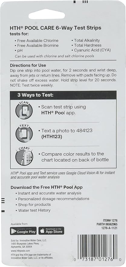 HTH 1276 Swimming Pool Care 6 Way Test Strips, Swimming Pool Water Chemical Tester, 30 Strips