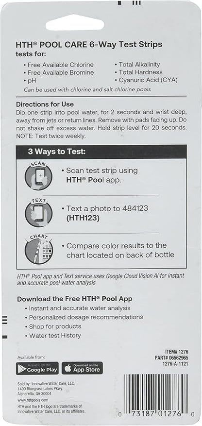HTH 1276 Swimming Pool Care 6 Way Test Strips, Swimming Pool Water Chemical Tester, 30 Strips