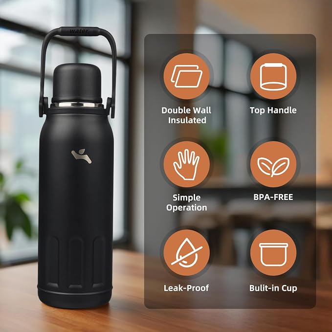 Konokyo Insulated Water Bottle with Handle and Strap,Vacuum Travel Tumbler with Cup Lid,Thermo Coffee Cup for Hot Cold Drinks 50 OZ,Black