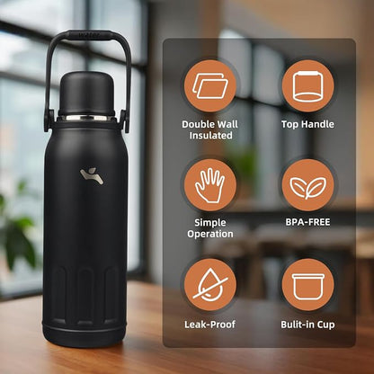 Konokyo Insulated Water Bottle with Handle and Strap,Vacuum Travel Tumbler with Cup Lid,Thermo Coffee Cup for Hot Cold Drinks 50 OZ,Black