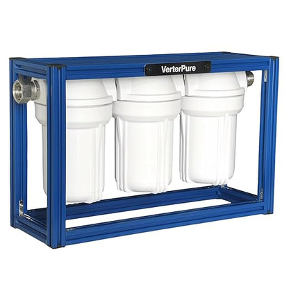 S3 Mini External 3-Stage RV Fresh Water Filter System, Compact, 5 Inch Filters, 3/4" GHT Stainless Steel Fittings, Reduce Sediment, Chlorine, Odor, All Aluminium Free-Standing Chassis, Blue