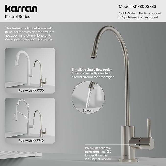 Karran Kestrel Spot-Free Stainless Steel Beverage Faucet 100% Lead-Free Brass, RO/Filtration System Ready, 360° High-Arc Spout, Fingerprint Resistant Finish, Compact Design