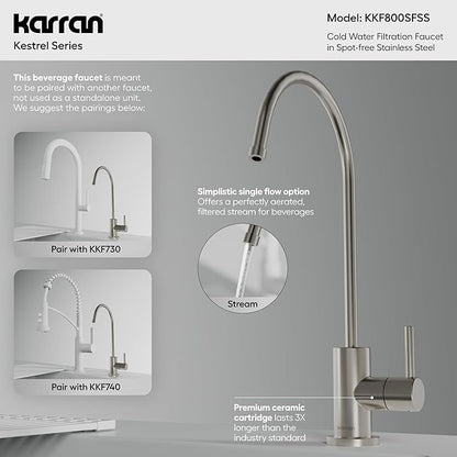 Karran Kestrel Spot-Free Stainless Steel Beverage Faucet 100% Lead-Free Brass, RO/Filtration System Ready, 360° High-Arc Spout, Fingerprint Resistant Finish, Compact Design