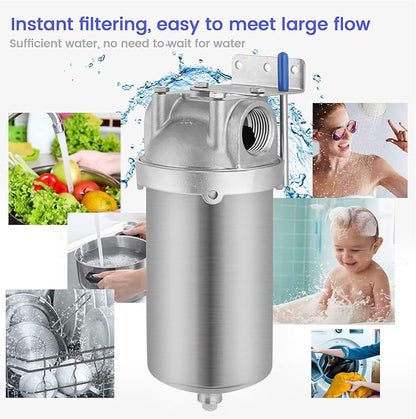 Amwater NSF/ANSI 42 Stainless Steel Whole House Water Filter Housing, 5" x 2.5" Sediment Water Filter System for Heavy Duty, Well & City Water, 3/4" NPT Port, Drain Valve Style C(Square Head)