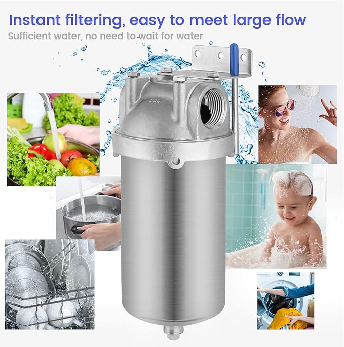 Amwater NSF/ANSI 42 Stainless Steel Whole House Water Filter Housing, 5" x 2.5" Sediment Water Filter System for Heavy Duty, Well & City Water, 1" NPT Port, Drain Valve Style C(Square Head)