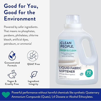 Clean People All Natural Liquid Fabric Softener - Plant-Based, Eco Friendly - Naturally Softens & Removes Static Cling - Vegan - Fresh Scented Laundry Softener - 100 fl oz - 140 loads