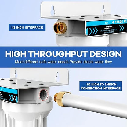 RV Dual Water Filter System, 4-Layer 2 Stage RV Water Filtration System, Removes Sediments,Chlorine,Heavy Metals, Odors, Water Filter for RV, Campers, 3/4'' Lead-Free Hose Quick Connectors