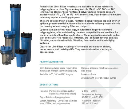 Pentair Pentek 158110 Traditional Slim Line Filter Housing, 3/8" NPT #5 Under Sink Clear Water Filter Housing with Pressure Relief Button, 5-Inch, Blue