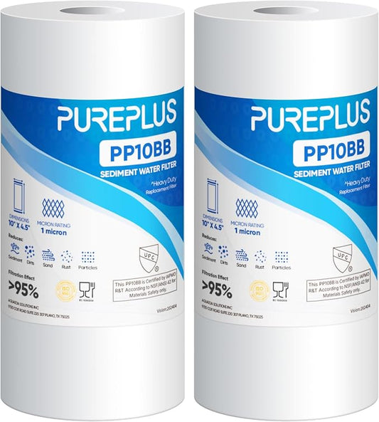 PUREPLUS 1 Micron 10" x 4.5" Whole House Sediment Home Water Filter Replacement Cartridge for RFC-BBSA, HD-950, WFHD13001B, W15-PR, GXWH30C, GXWH35F, AP817, PP10BB, 2PACK
