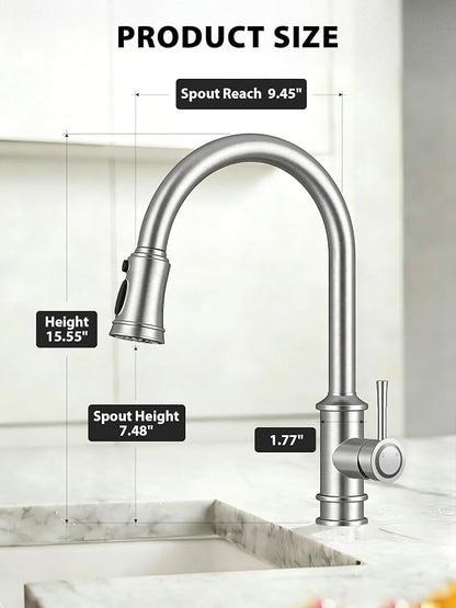 Hiqufet Vintage Kitchen Faucets with Pull Down Sprayer, Brushed Nickel | Stainless Steel High Arc, Drip-Free 3 Spray Mode, 360° Rotation, Easy DIY Single Hole Install