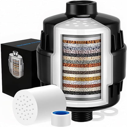 20 Stage Shower Filter for Hard Water - 99% Removal High Output Shower Head Filter for Chlorine, Heavy Metals, Improve Skin, Hair and Nails, Chrome Finish, Black
