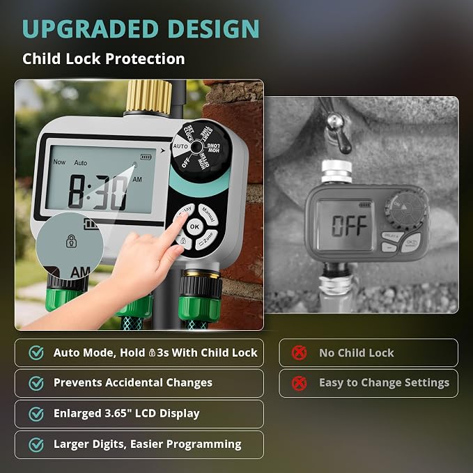 QUOBAS Brass Sprinkler Timer for Garden Hose, Programmable Water Timer | Rain Delay/Auto/Manual 3 Modes, Hose Timer for Hose Faucet with Child Lock, Waterproof Screen, 3 Zone Independent Watering