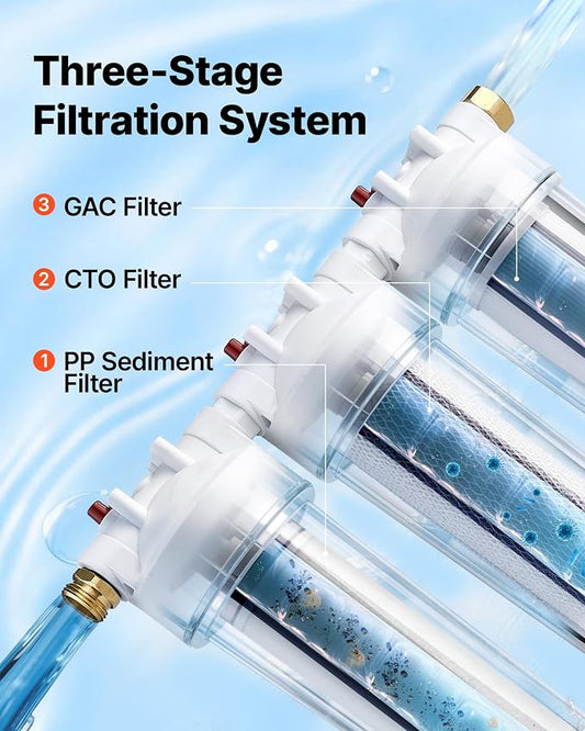 VEVOR RV Water Filter System, 5-Micron 3 Stage Premium RV Water Filtration System Replacement with Three Cartridges for RVs & Campers, Reduces Sediment, Chlorine, Certain Heavy Metals, Odors and More