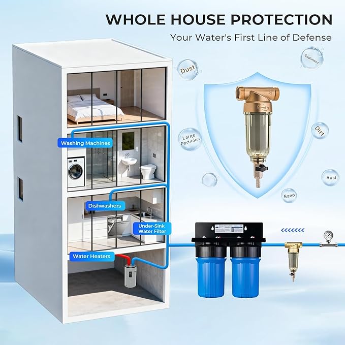 iSpring WSP-500 Spin Down Sediment Water Filter, Whole House Reusable Flushable Prefilter for Well Water, 500-Micron, 1" MNPT + 3/4" FNPT, Lead-Free Brass