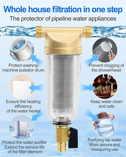 Whole House Water Filter, 1/2 Inch 40 Micron Spin Down Sediment Prefilter System, 3/4" MNPT,BPA-Free Heavy Duty Brass