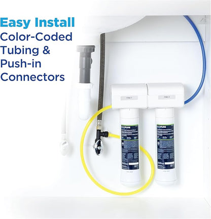 EcoPure ECOP20 2 Stage Under Sink Water Filter System – NSF-Certified to Reduce 58 Contaminants – Clean Drinking Water – Easy Filter Changes – Includes Chrome Faucet & Filters