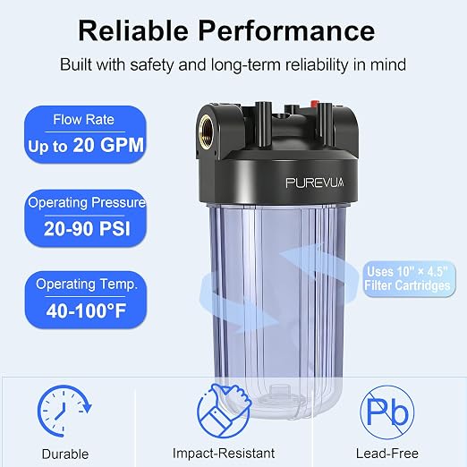PWT10 Whole House Water Filter Housing, Fits 10” x 4.5” Big Blue Filters, Inline Pre-Filtration System for RV, Home Well and City Water Sediment etc with 1" NPT Port, Pressure Relief Valve