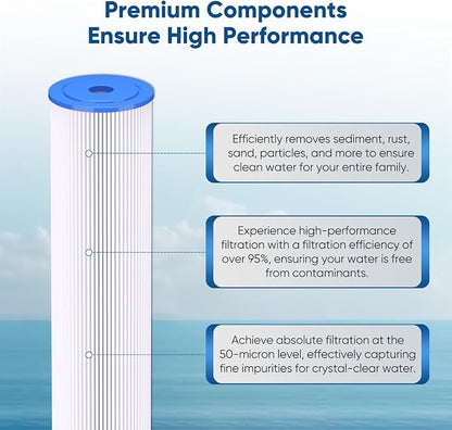 PUREPLUS 50 Micron 20" x 4.5" Whole House Pleated Sediment Filter for Well Water, Replacement Cartridge for ECP20-20BB, AP810-2, SPC-45-2020, R30-20BB, HDC3001, ECP5-20BB, 2Pack