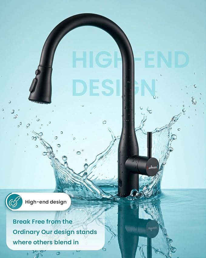 APPASO Matte Black Kitchen Faucet Touchless with Sensor and Soap Dispenser | cUPC-Certified Lead-Free Hoses Hands Free Activated Motion Sink Faucets with Pull Down Sprayer 3 Modes for 1 to 4 Hole Sink