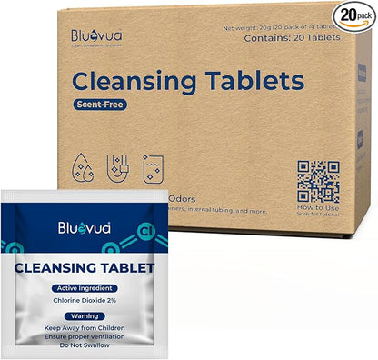 Bluevua Cleansing Tablet, 20-Pack, Compatible with Countertop RO Systems, Chlorine Dioxide Formula, Removes Odors & Organic Buildup