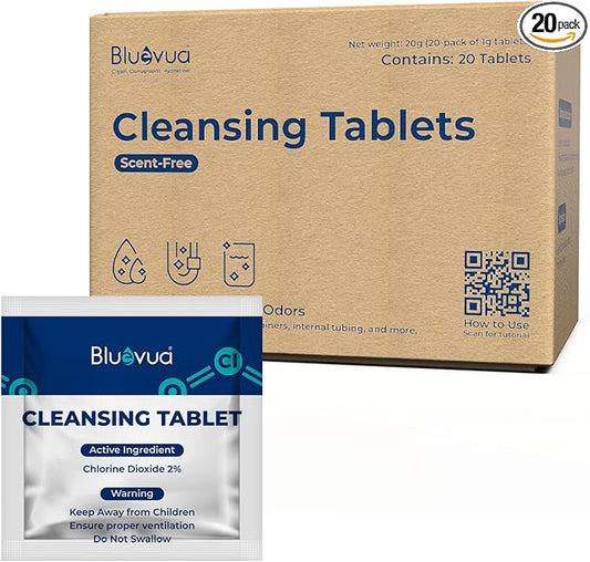 Bluevua Cleansing Tablet, 20-Pack, Compatible with Countertop RO Systems, Chlorine Dioxide Formula, Removes Odors & Organic Buildup