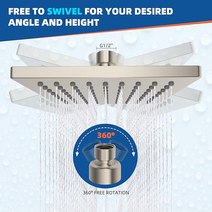 Hibbent cUPC Certified Metal Shower Head, 6'' High Pressure Rainfall Shower Head, Square Bathroom Waterfall Shower Heads, High Flow Fixed Showerheads with Adjustable Brass Ball Joint, Brushed Nickel