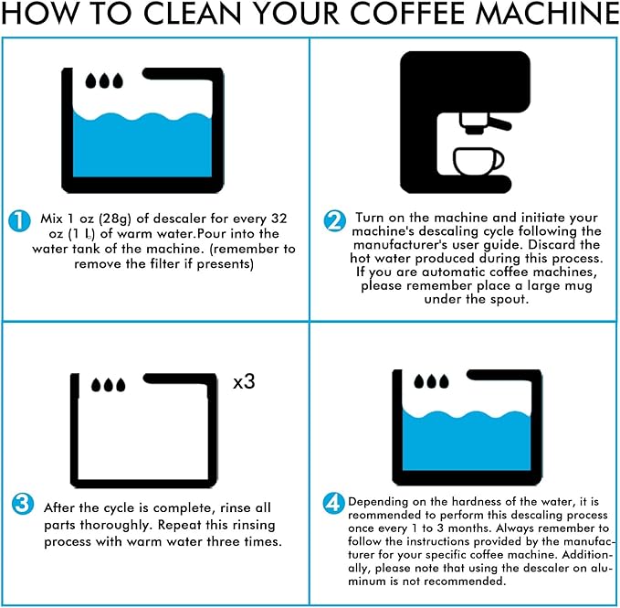 Descaling Powder Solution (4 Uses) Removes Scale and Build-Up, Automatic Coffee Pots & Makers & Espresso Machines Descaler, Compatible with Keurig Breville Nespresso Delonghi Ninja