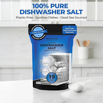 Aromasong Dishwasher Salt 19 LB - 100% Natural Water Softening Agent for Cleaner Dishes & Washer Reactivation Compatible with Bosch, Miele, Whirlpool, Thermador and More (packaging may vary)