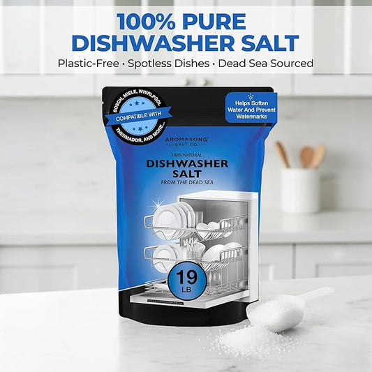 Aromasong Dishwasher Salt 19 LB - 100% Natural Water Softening Agent for Cleaner Dishes & Washer Reactivation Compatible with Bosch, Miele, Whirlpool, Thermador and More (packaging may vary)