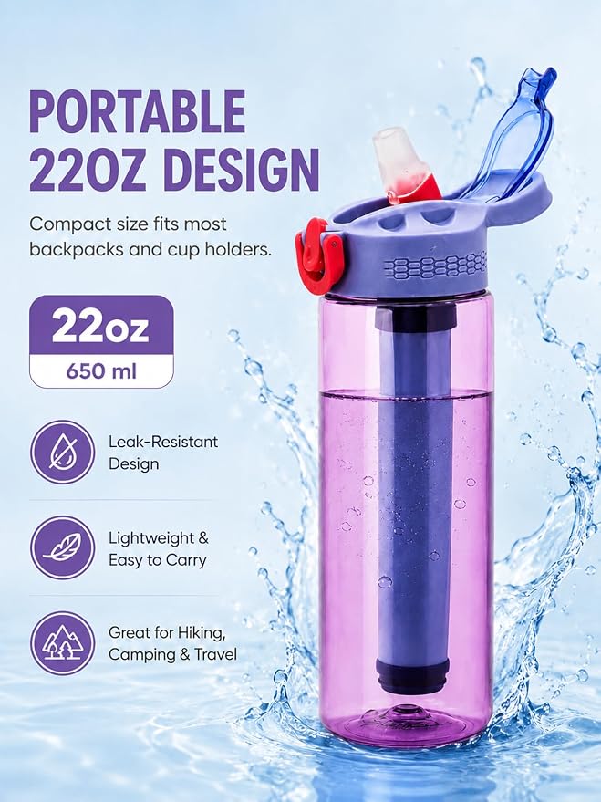 22oz Water Filter Bottle, Portable Outdoor Filtered Water Bottle with Multi-Layer Filtration, Improves Taste & Reduces Odor, BPA-Free Reusable Bottle for Hiking, Camping & Travel (Purple)